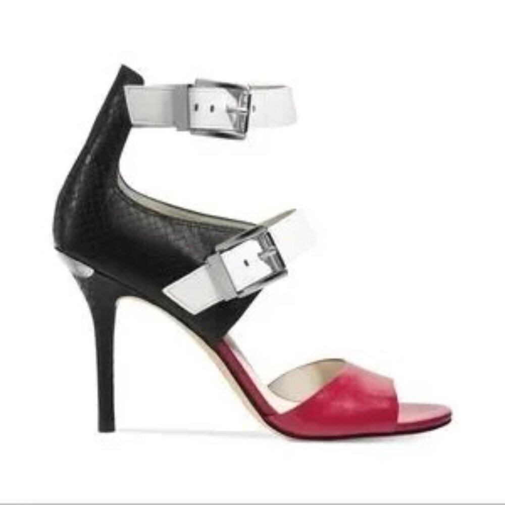 MICHAEL KORS Adriana Ankle Strap Heels in a black, red and white color.